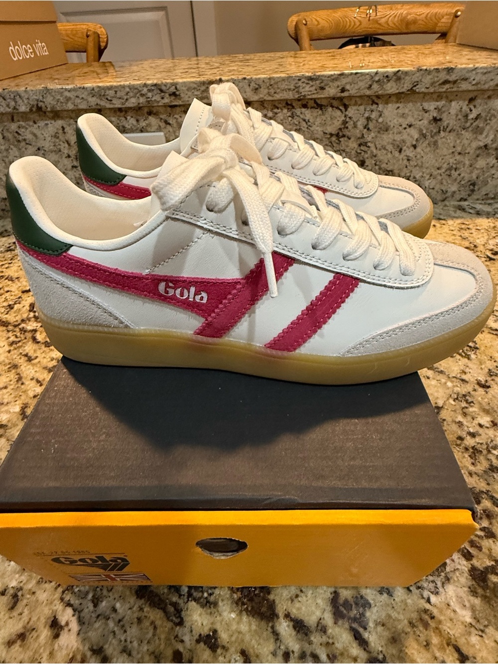 Gola Women's White Sneakers with Pink Stripe and Green Heel